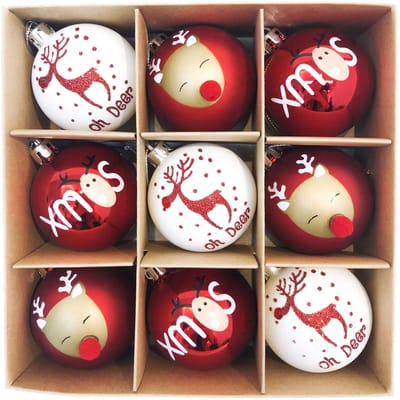 Allecto - Kerstballen 6cm - Traditioneel Rood en Wit - Elandentekenthema - Kerstboomversiering - 9 Stuks - Geschikt voor Kerstmis