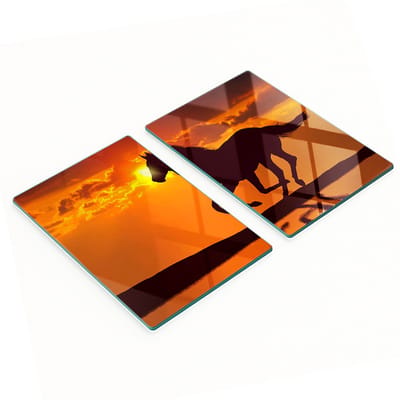 Set van twee decoratieve glazen keukenplanken met zon- en paardenmotief, 2x40x52 cm