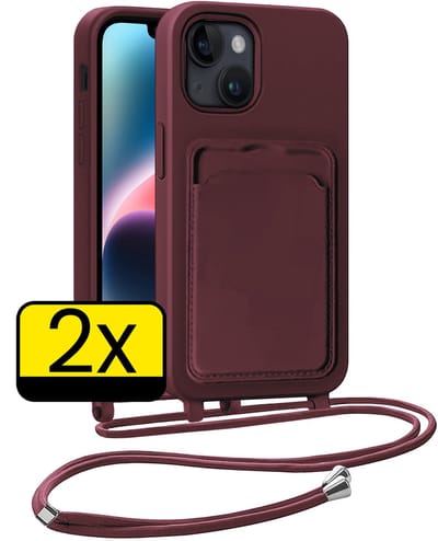 Hoesje Geschikt voor iPhone 13 Telefoonhoesje Met Koord Case Pashouder Siliconen - Hoes Geschikt voor iPhone 13 Hoesje Met Kaarthouder - Aubergine - 2 Stuks