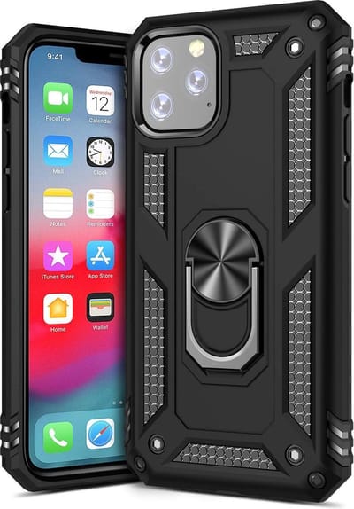 HB Hoesje Geschikt voor Apple iPhone 11 Pro Max - Anti-Shock Hybrid Armor Back Cover - Hoes met Kickstand Ring - Zwart