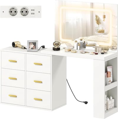 Kaptafel met Verlichting - Make-up tafel - Schoonheid verzorgen - Geïntegreerde stopcontacten - 118 x 78 x 135 cm - Wit