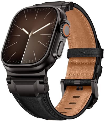 Luxe leren bandje - geschikt voor Apple Watch series 1/2/3/4/5/6/7/8/9/10/11/ SE (1,2,3) / Ultra (1,2,3) met maat 44 mm / 45 mm / 46 mm / 49 mm - nappa leer met zwarte gesp - zwart