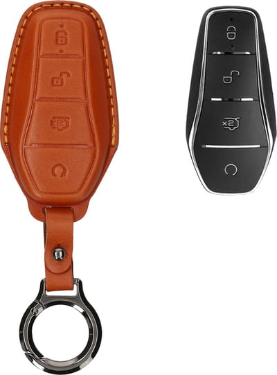 kwmobile leren autosleutel hoesje geschikt voor BYD Atto 3 / Sealion / Han / Tang / Dolphin / Seal - Als sleutelhanger met sleutelring - Echt leer in bruin