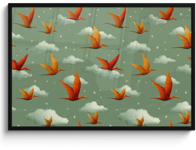 Poster in lijst - Fotolijst 120x80 cm - Posters - Dinosaurussen - Wolken - Sterren - Oranje - Posterlijst zwart - Decoratie - Wanddecoratie woonkamer - Muurdecoratie slaapkamer