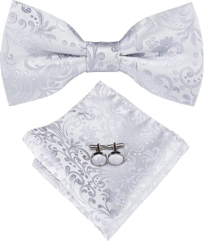 Sorprese Vlinderdas Set - Inclusief Pochet en Manchetknopen - 100% Zijde - Paisley Zilver - Luxe Heren Accessoireset - Strik - Vlinderstrik