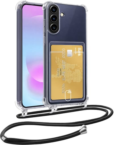 Hoesje Geschikt voor Samsung A37 Hoesje Met Telefoonkoord en Pasjeshouder Siliconen - Hoes Geschikt voor Samsung Galaxy A37 Hoesje Met Kaarthouder Shock Proof Case - Transparant
