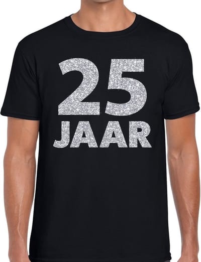 25 jaar verjaardag t-shirt - zwart - voor heren - zilver glitters print - jubileum - leeftijd - korte mouwen S