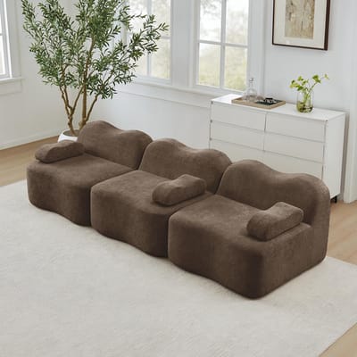 BLACKCOLORS Modulaire 3-zits Boneless-bank van 32D-schuim met hoge dichtheid, Golvende vorm met diepe zitting, afneembaar armleuningkussen, ideaal voor de woonkamer, bruin