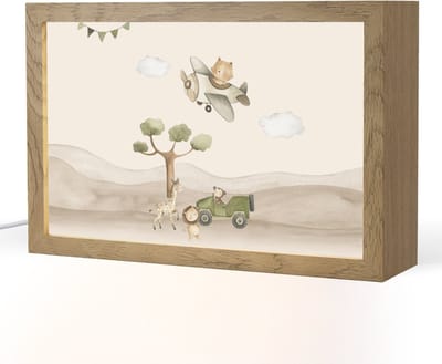 Nachtlampje 30x20 cm - Kinder lampje - Wilde dieren - Safari - Pastel kleuren - Watercolor - Vliegtuig - Tafellamp kinderkamer - Slaapkamer lamp - Bedlamp kinderen - Kinderlampje stopcontact - Wandlamp babykamer - Nachtlampjes
