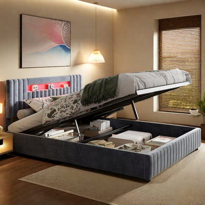 Grijs Fluwelen Opbergbed 140x200 cm Tweepersoons met LED Hoofdbord, Opbergvak & Hydraulisch/Gasdruk Lift