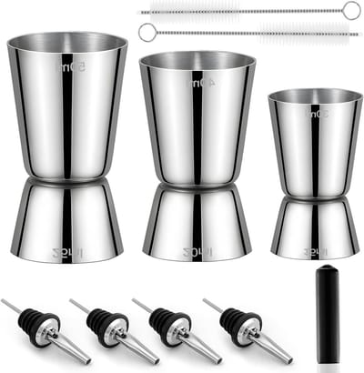 Cocktail Jigger Set van RVS voor Precisie Maten van 3cl, 4cl en 5cl met 4 Giettuiten en 3 Schoonmaakborstels voor Bartenders