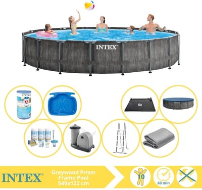 Intex Prism Frame Greywood Zwembad - Opzetzwembad - 549x122 cm - Inclusief Onderhoudspakket, Filter, Solar Mat en Voetenbad