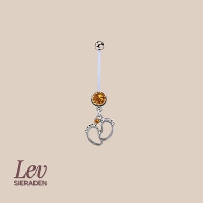 Lev Sieraden - 1.6x38mm zwangerschaps piercing - Double jewelled voetjes hanger - Champange zirkonia - PTFE/Bioplast/Bioflex