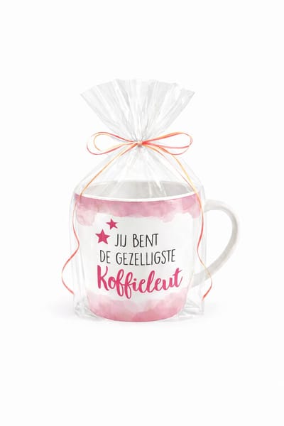 Mok - Koffie - Cadeau - Traktatie - Koffieleut - Kopje Koffie Lekker - Keramiek - Cadeauverpakking met gekleurd lint