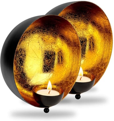 Dailygoods- Theelichthouders Set van 2 - Wandtheelichthouders - Zwarte Matte Buitenkant - Glinsterende Bladgoudstructuur - Tijdloze Ronde Vorm - Gezellige Sfeer - Wandkaarsen