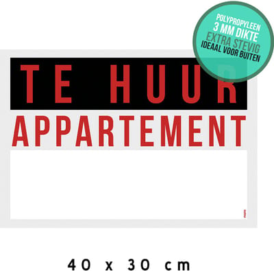 Bord/ mededeling | "Te huur - Appartement" | 40 x 30 cm | Verhuur | Notaris | Woning | Grijs | Vastgoed verkopen | Flat | Zonder makelaar | 1 stuk