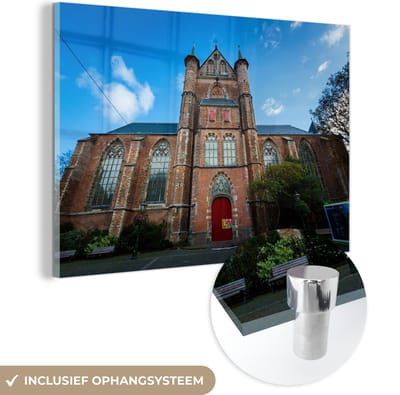 ® Glasschilderij 180x120 cm - Schilderij acrylglas - Pieterskerk - Leiden - Lucht - Foto op glas - Muurdecoratie woonkamer - Wanddecoratie slaapkamer - Schilderijen