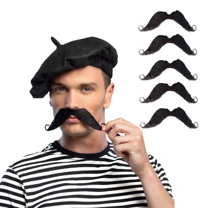 Boland Carnaval verkleed snorren - 6x - fransman - met krullen - zwart - zelfklevende namaak snor/plaksnor