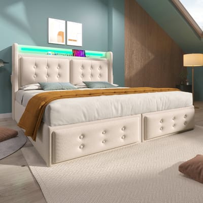 VVBV Gestoffeerd Opbergbed 180x200 cm - Hydraulische Opbergruimte, USB, Lattenbodem - Hout/Metaal Beige - Zonder Matras