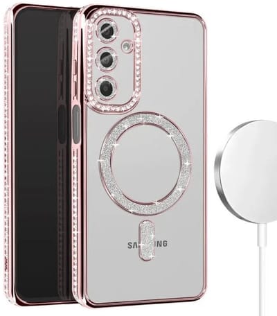 Hoesje met Diamantjes en Glitter Geschikt voor: Samsung Galaxy S25 - MagSafe Glitter Hoesje - Rosegoud met Diamanten steentjes - Glamour Hoesje