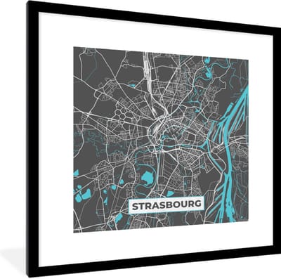 Fotolijst incl. Poster - Strasbourg - Frankrijk - Plattegrond - Stadskaart - Kaart - 40x40 cm - Posterlijst