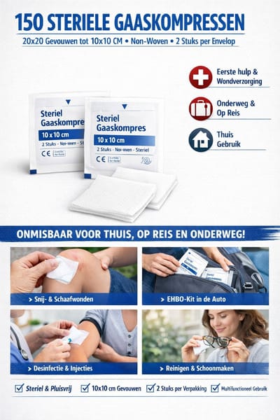 150 steriele gaasjes - gaas kompressen – 20x20 gevouwen in 10x10 cm - non woven - desinfectie of sterilisatie Verpakt in sachets met 2 stuks per sachet
