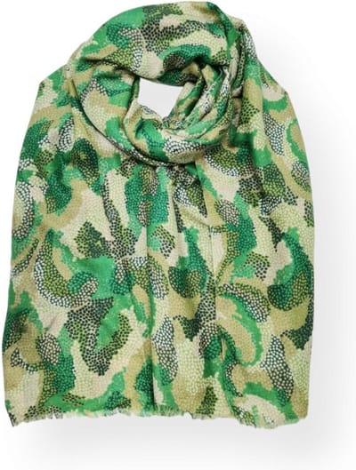 Lange dames sjaal Juna fantasiemotief groen donker lime olijf beige wit smaragd donker evergreen