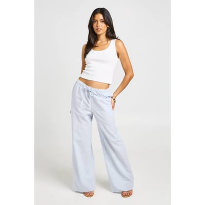 boohoo Dames Katoenen Poplin Gestreepte Broek Met Kanten Afwerking En Wijde Pijpen | Blauw | Maat: 40