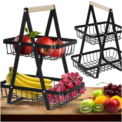 Moderne Fruitschaal - Fruitschaal Etagère - Fruitschaal 2-Laags - Keuken Organizer - Fruitschaal Zwart - Fruitmand - L - Metaal