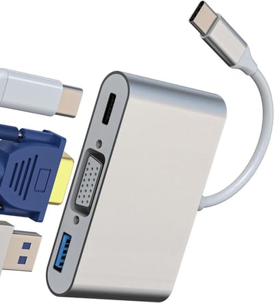 Type C USB naar USB C VGA Adapter (3-in-1) - Geschikt voor iPhone 15 Pro Max, iPad Air en MacBook - DisplayPort Splitter en Oplader voor Monitorverbindingen en Thunderbolt OTG