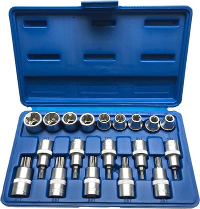 Dopsleutelset en bits - Torx en E-profiel - Reparatiewerkzaamheden uitvoeren - CV-staal en mat chroom - 19-delig - Mat chroom