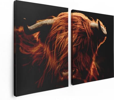 Artaza Canvas Schilderij Tweeluik Schotse Hooglander Koeienkop - Kleur - 120x80 cm - Wanddecoratie Woonkamer - Schilderijen - Muurdecoratie