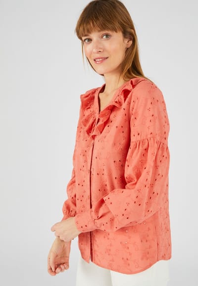 Damart - Blouse in zuiver katoen met volants en broderie anglaise - Dames - Oranje - 40