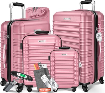 KESSER® 4x Koffer, reiskofferset, trolley koffer, incl. bagageweegschaal + bagagelabel rollend kofferslot, 4 wielen ABS, harde schaal telescoopgreep S-M-L-XL - Roze