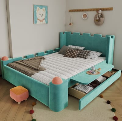 MIVRAY Kinderbed 140x200 cm - Zonder Matras met Opklapbare Zijplank en Opberglade - Kasteelontwerp voor Kinderkamer - Hout en Stof - Blauwgroen