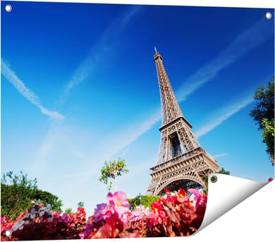 Gards Tuinposter Eiffeltoren in Parijs met Bloemen - 80x60 cm - Tuindoek - Tuindecoratie - Wanddecoratie buiten - Tuinschilderij