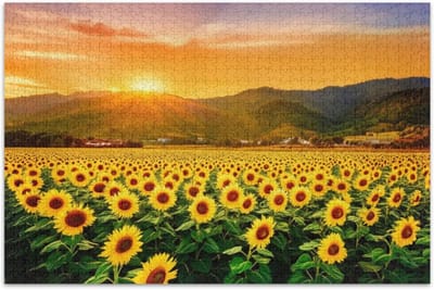 Volwassen Legpuzzel - Kleurrijke Puzzel - Ontspanning en Plezier - Hoge Kwaliteit Karton - 1000 Stukjes - Zonnebloemen Veld Zonsondergang