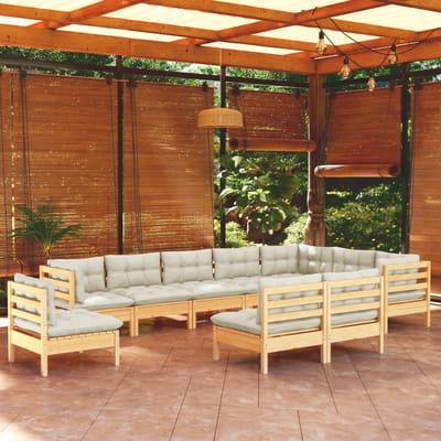 vidaXL - 10-delige - Loungeset - met - crèmekleurige - kussens - grenenhout