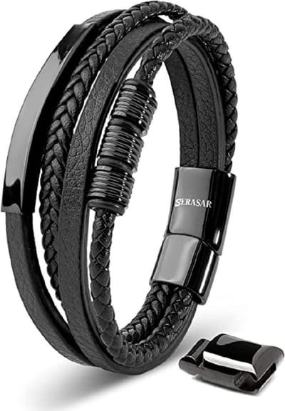 SERASAR Armband Heren [Brave] Echte Leren - Zwart 20cm - Beste Cadeau voor Hem