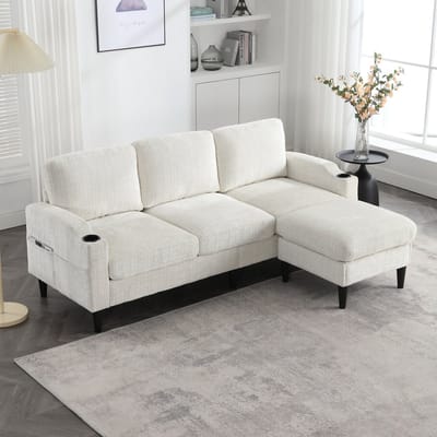 DESMIU Hoekbank 196,5 x 75 x 77 cm - Met Hocker, Opbergruimte, Bekerhouders en Zijvakken - Voor Woonkamer - Chenille Beige