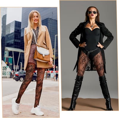 Dames panty met bloemenkant en visnetpatroon, witte stippen en gestreepte details, ideaal voor lolita-stijl en feestelijke gelegenheden