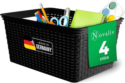 Novaliv 4-delige elegante opbergmanden in rotanlook | Zwarte kunststof 14L ? voor kantoor en thuis. Veelzijdige opbergdozen. Ideale opbergdoos organizer