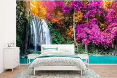 Behang - Fotobehang Waterval - Bomen - Roze - Bruin - Natuur - Breedte 295 cm x hoogte 220 cm