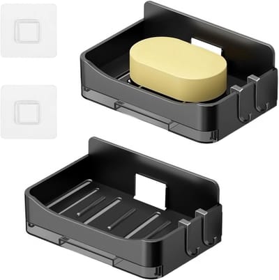 Muurbevestigde zeepdispenser met 2 stuks, zonder boren, inclusief haken voor douche en badkamer, zwart
