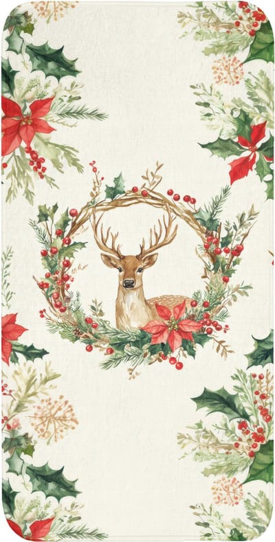 WC mat 60x120 cm - Antislip - Kerstkrans - Hert - Hulst - Rood - Toiletmat - Vloermat - Douchemat - Toilet tapijt - Toiletmatten