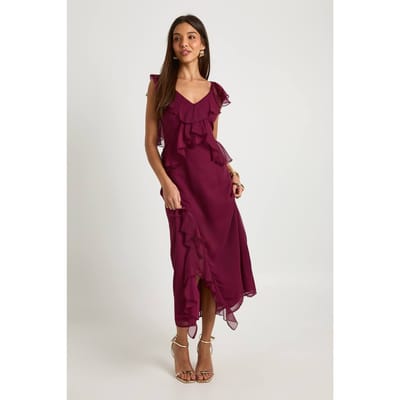 boohoo Dames Midaxi-jurk met ruches en engelenmouwen | Bordeaux Rood | Maat: 36