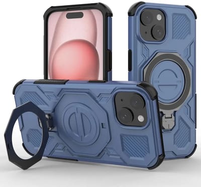 Hoesje geschikt voor Apple iPhone 15 | Compatibel met MagSafe / Qi2 | 360° Draaibare Magnetische Standaard | Back Cover Kickstand Ring | Blauw