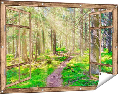 Gards Tuinposter Doorkijk Pad in Bos met Zon tussen de Bomen - 120x80 cm - Tuindoek - Tuindecoratie - Wanddecoratie buiten - Tuinschilderij