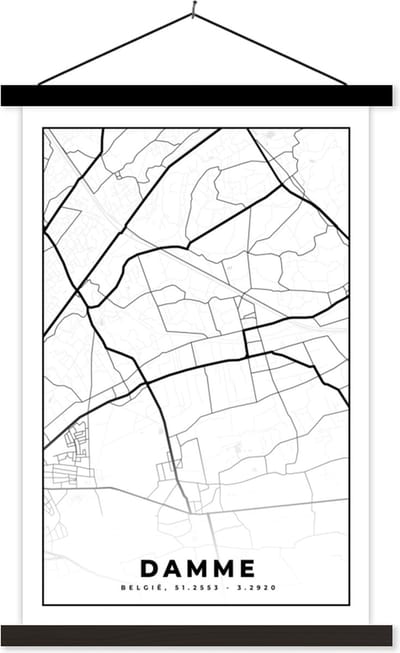 Posterhanger incl. Poster 40x60 cm - Schoolplaat - België – Damme – Stadskaart – Kaart – Zwart Wit – Plattegrond - Textielposter - Zwarte latten - Stadskaart