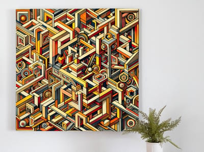 Olieverf escher schilderij | Escheriaanse illusie: een meesterwerk van olieverf en geometrie | Kunst - 50x50 centimeter op Dibond | Foto op Dibond